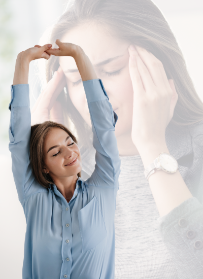 Woman stretching with a headache and migraine relief illustration