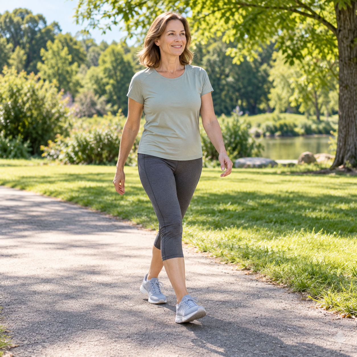Adult walking comfortably along a park path