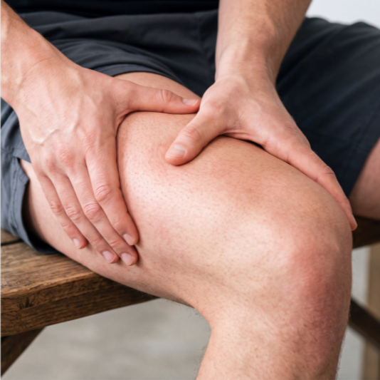 Close-up of a seated person holding their sore knee